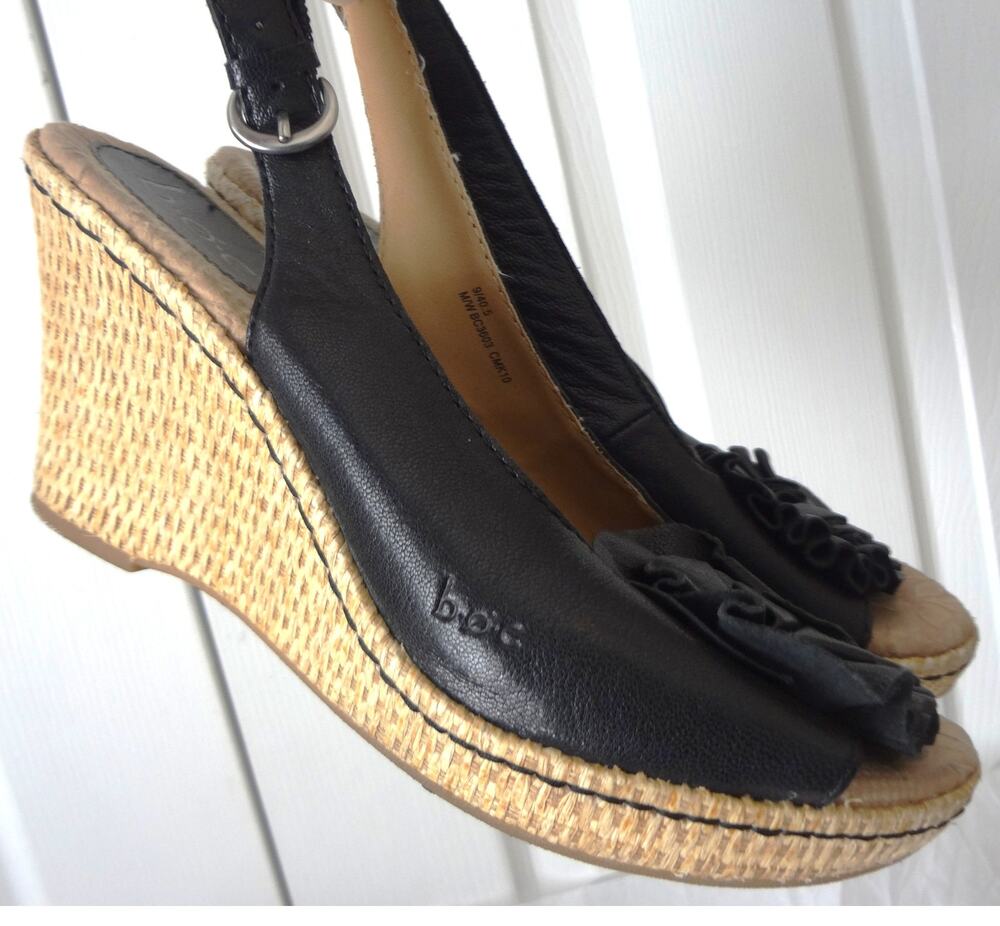 B.O.C Born Black Leather Slingback Wedge Espadrille Flower Open Toe 40.5 9